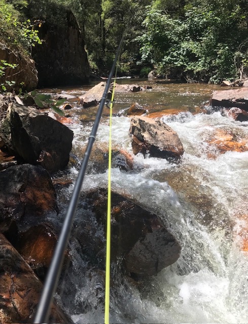 Fly rod over white water tumbling through boulders